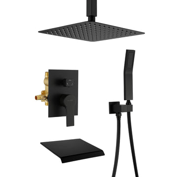 Ceiling Mount 10 Inch Black Shower System Faucet Waterfall Tub Complete with Matte Spout Set Square Luxury Rain Mixer Pressure Balancing 3-Function